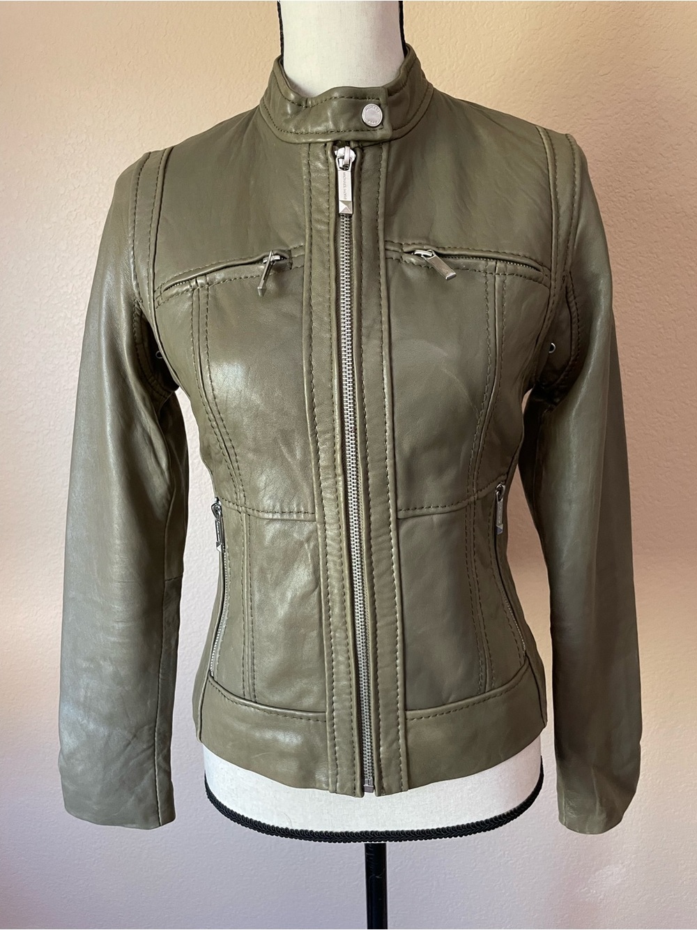 Michael Kors Olive Green Leather Motorcycle Jacket XS Sage Utility Edgy Biker XS